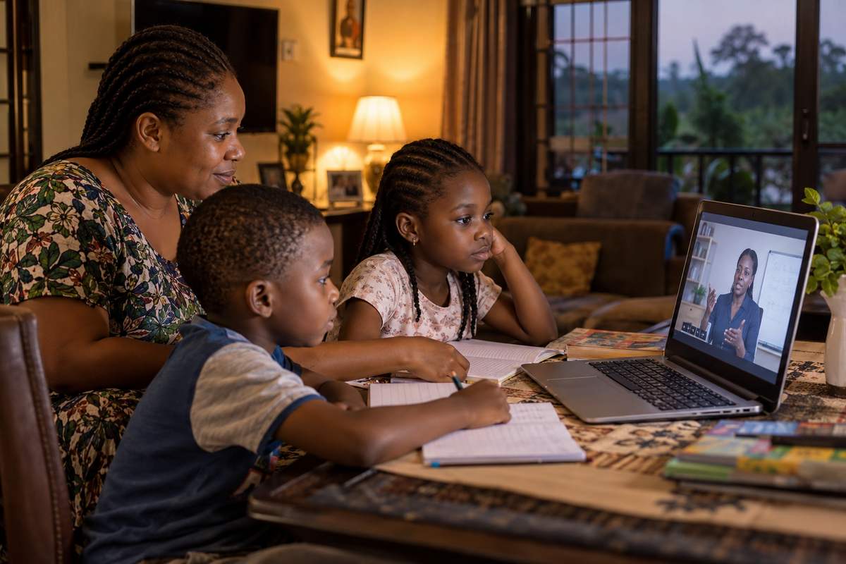 A mother and her two children attending a Benue Virtual Academy class online from home